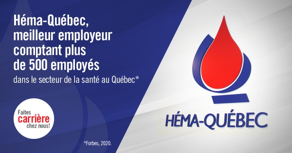 Héma-Québec se hisse au 1er rang du classement Forbes 2020 des meilleurs employeurs du secteur de la santé au Québec